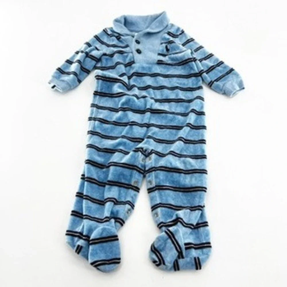 Ralph Lauren Baby Boy Blue Striped Velour Footed Romper Coverall 9 Months Shawl